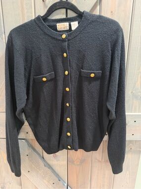 Vintage Kerri & Kelsey Black Cardigan Gold Medallion Buttons Shoulder Pads L